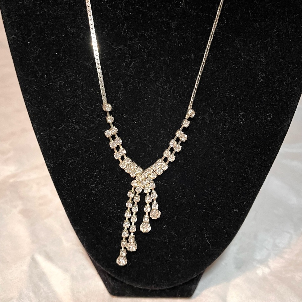 Sparkly Rhinestone Cup Chain Necklace 16" with 3" Asymmetrical Dangle Pendant